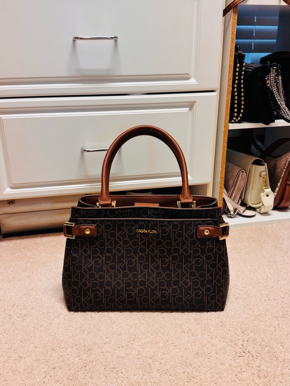 Calvin Klein Dark Brown Monogram Satchel with Tan Handles